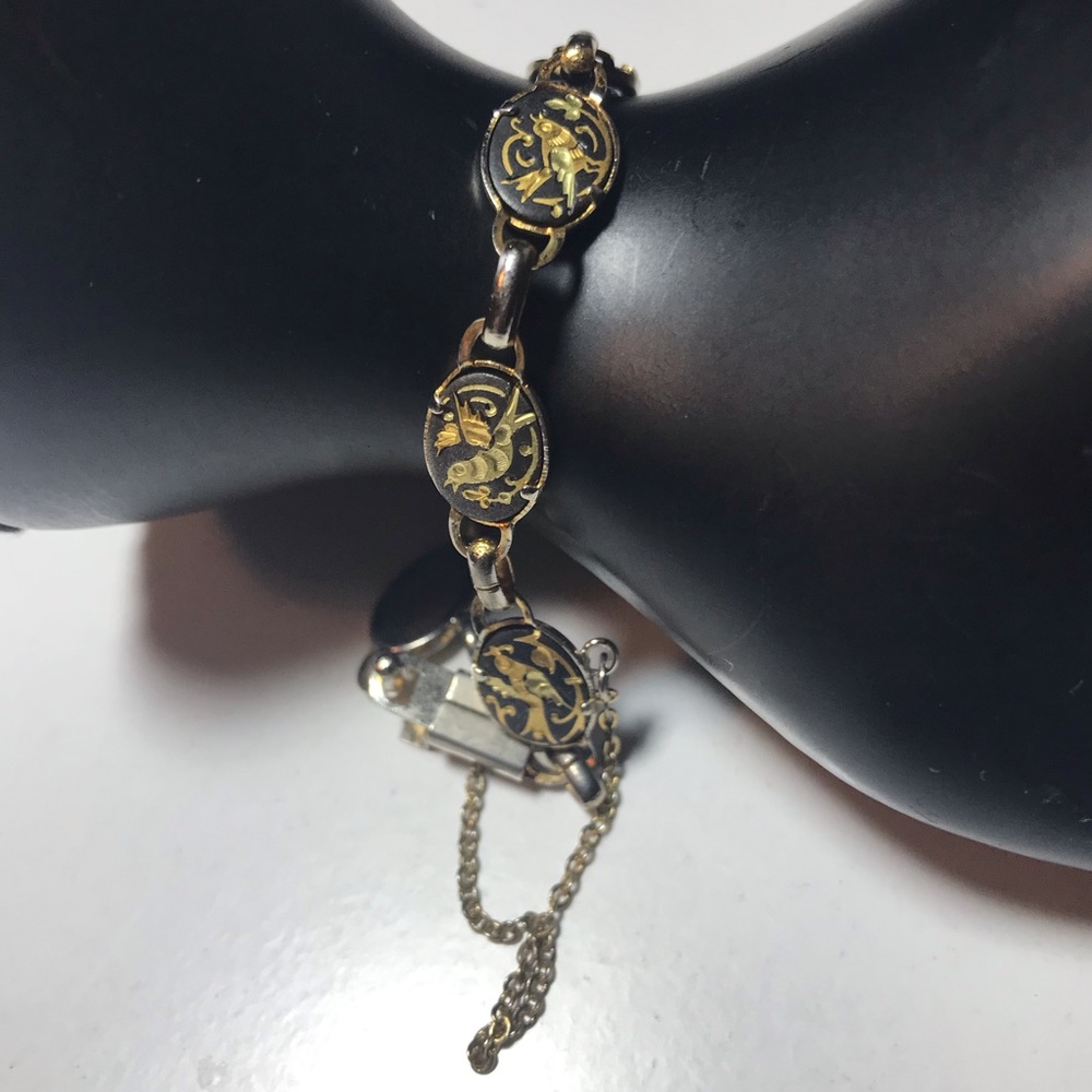 Damascene 7 Link Bracelet 6.5”L w Safety Chain Bird Panels Real Gold Foil Inlay